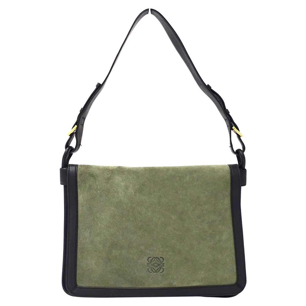 Loewe handbag for women, brand shoulder bag, suede, green and black, Anagram ...